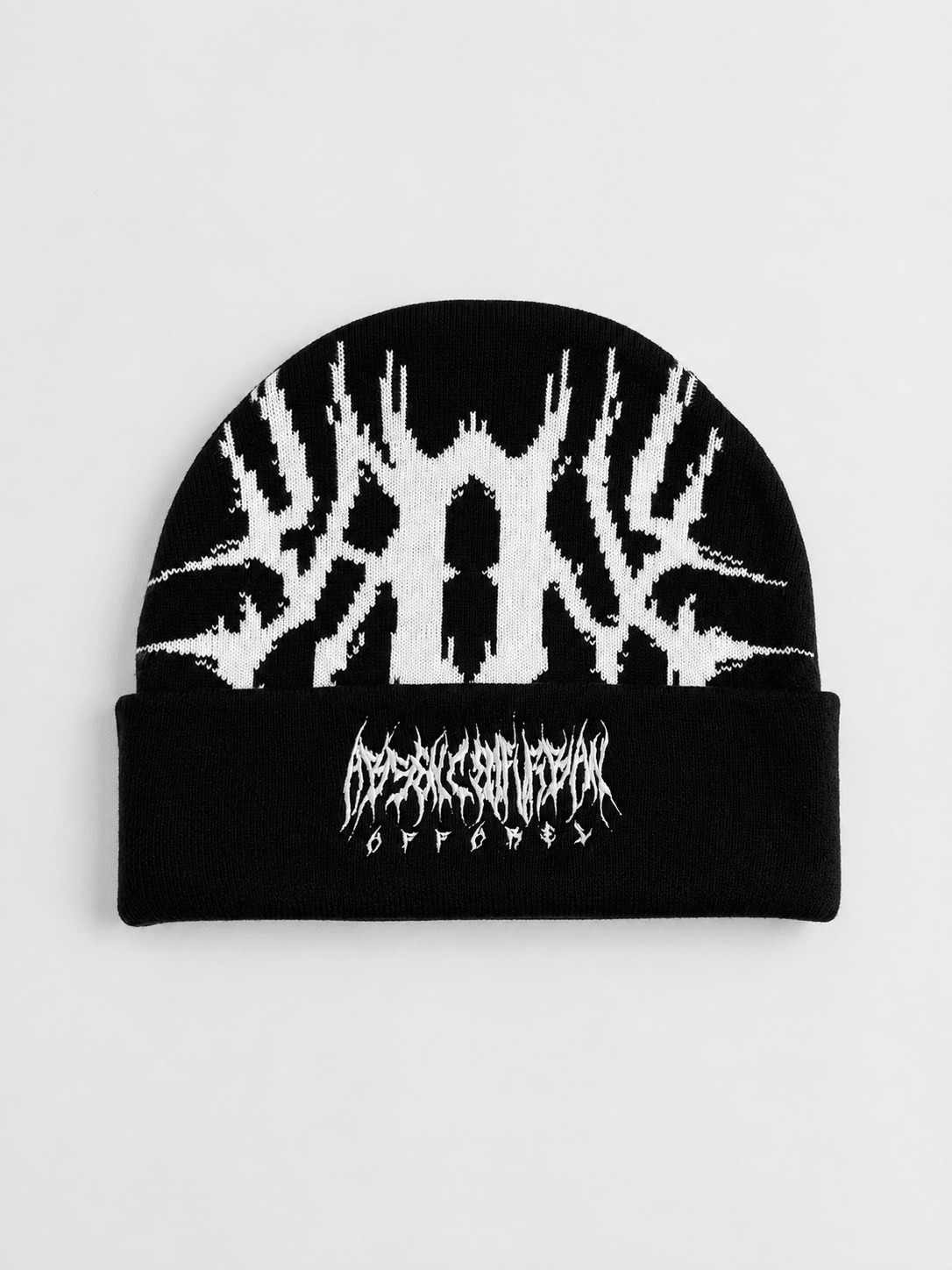 A black knit beanie with a white graphic logo on the front and a folded cuff featuring the text 'DEADLY DEATH' and 'OFFENDY' in white, shown against a light gray background.